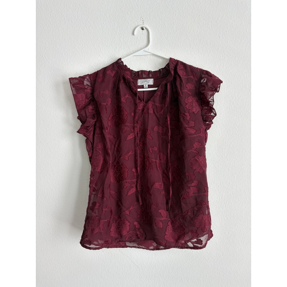 Shannon Ford New York Burgundy Floral Burnout Ruffle Tie Neck Blouse Medium